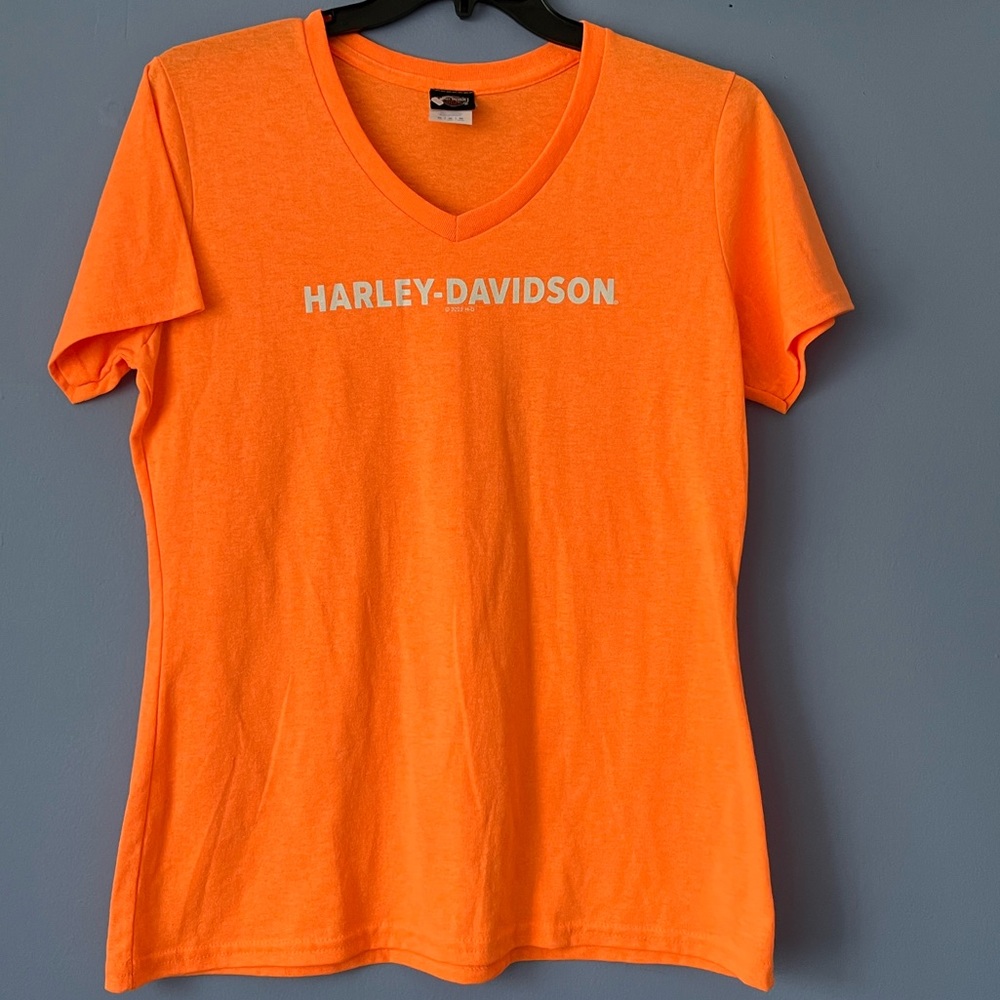 Harley Davidson Orange V Neck T Shirt Medium